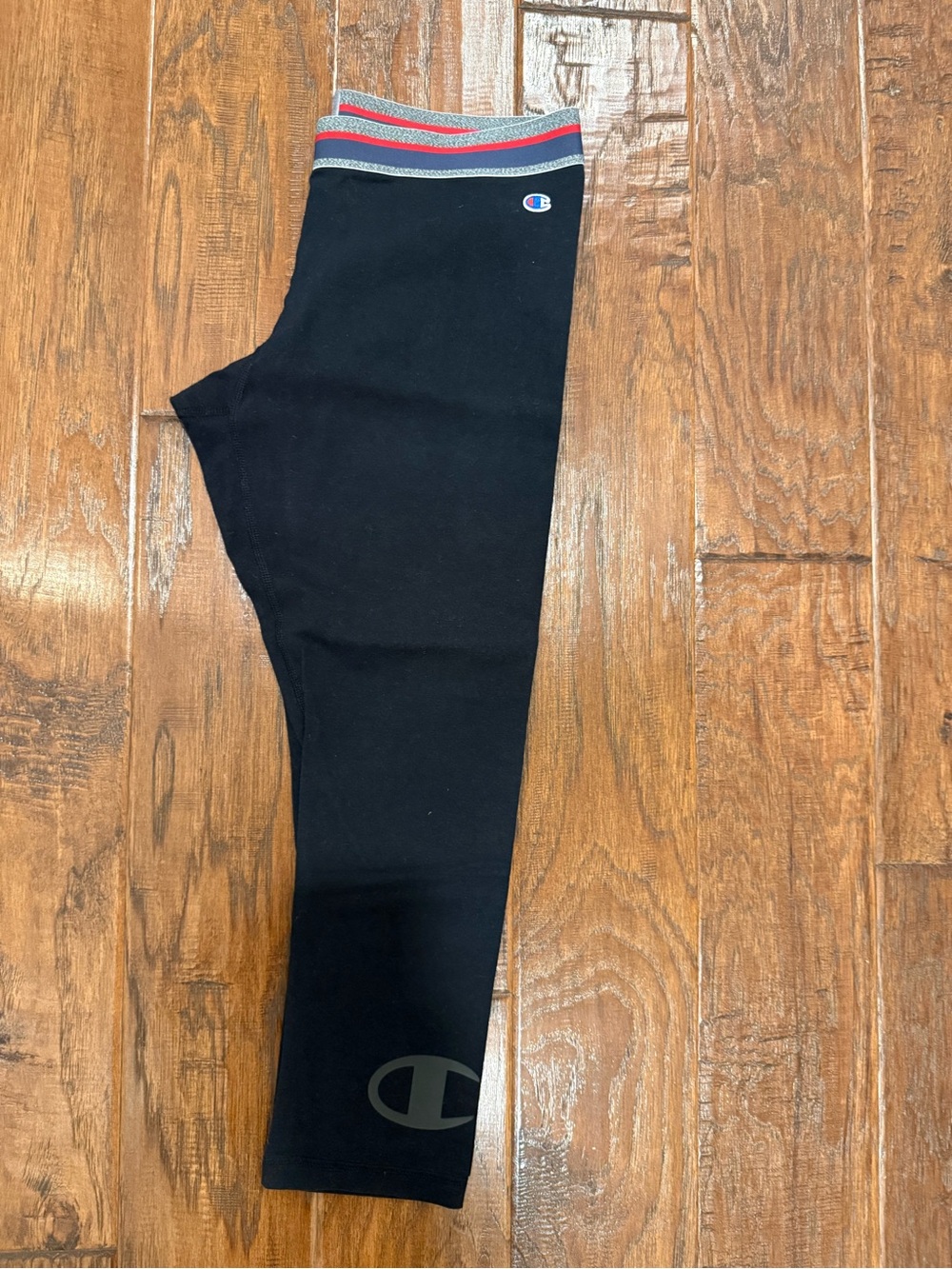 Women’s EUC Champion Black Capri Leggings with Striped Red & Gray Waistband